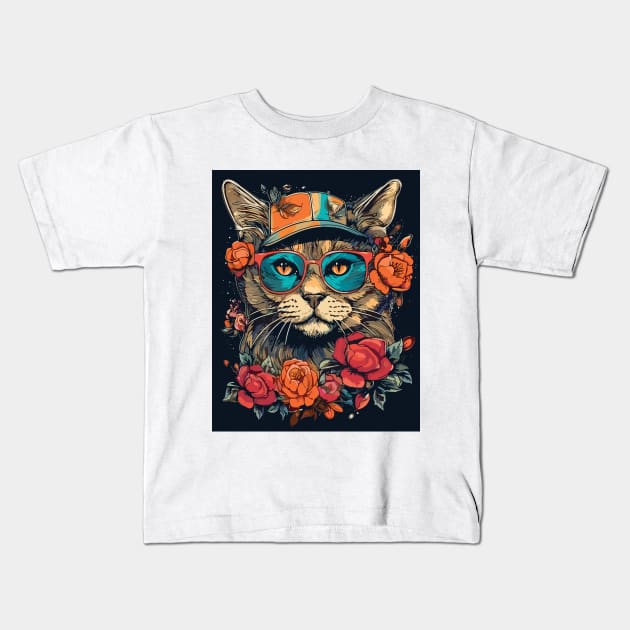 Feline Elegance: Stylish Cat Embraced by Floral Charm Kids T-Shirt by Animox